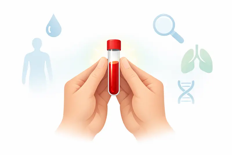 Doctor reviewing a simplified blood report with highlighted markers, gender-neutral patient nearby, clean clinical illustration style.