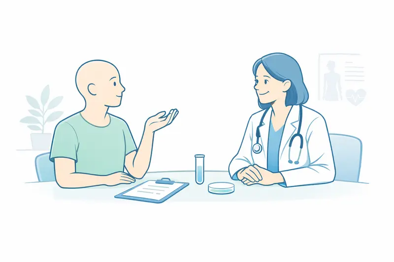 Gender-neutral patient figure considering a medical test form, alongside a friendly healthcare provider in a calm, light setting.
