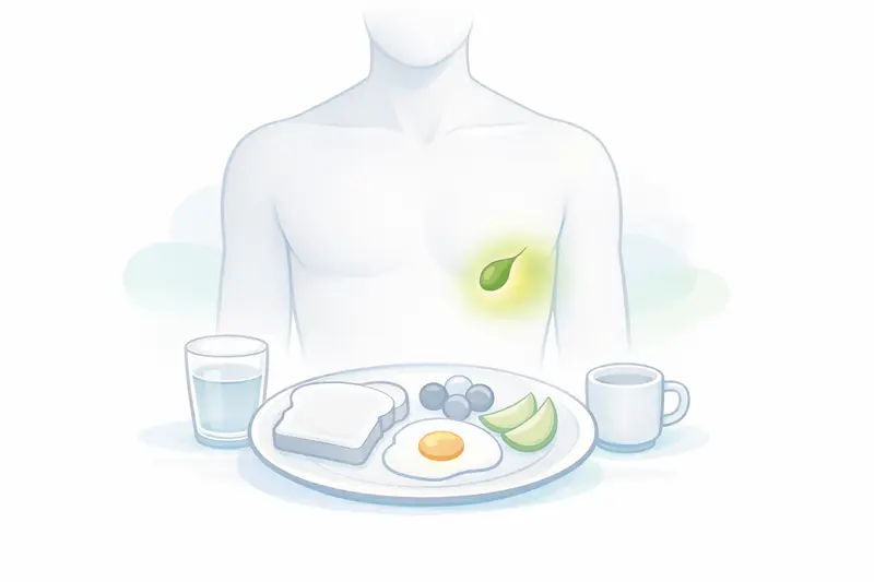 Person sitting calmly at a table with a covered breakfast plate, stylized anatomy outline highlighting the gallbladder area.