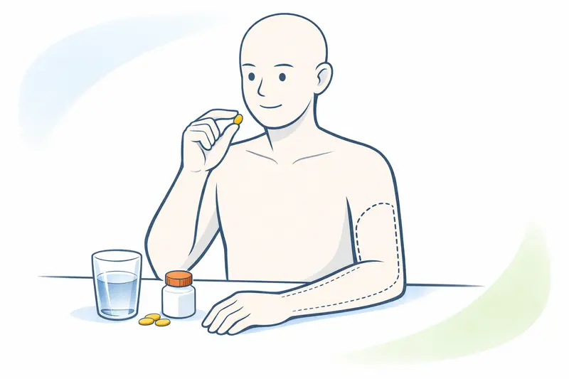 Eine Hand, die sanft verschiedene Vitamintabletten neben einem sauberen Blutentnahmeröhrchen hält, vor einem hellen Hintergrund.