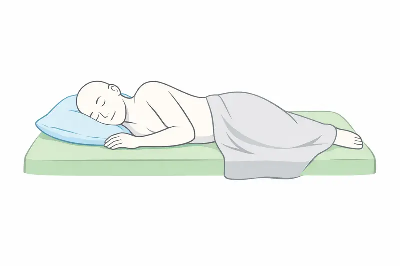 Person lying on a bed with a pillow under their head in a sleep study setting, clean minimal style.