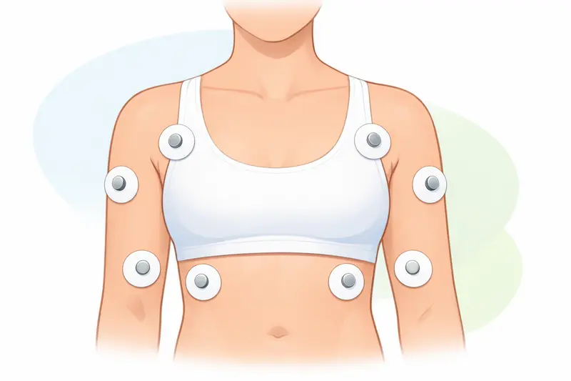 Gender-neutral figure wearing a soft sports bra with EKG electrode patches visible on the chest, clean white background.