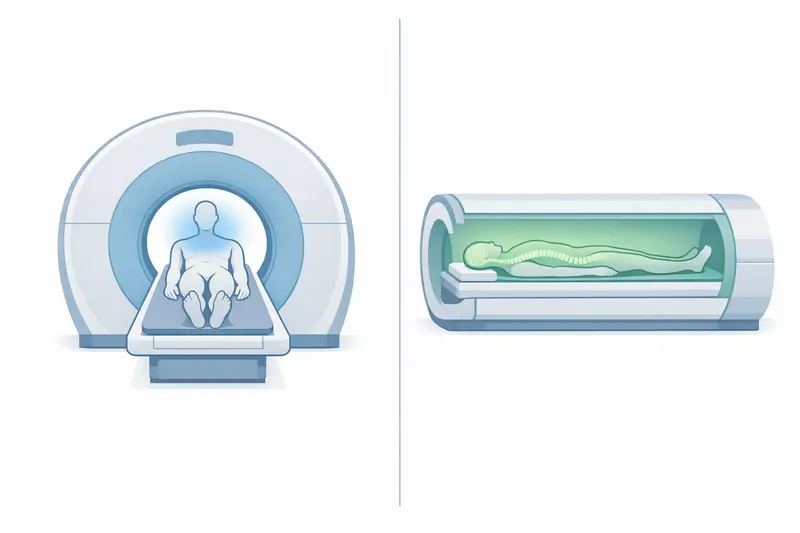 Side-by-side comparison of simplified CT scan and MRI scan machines with a neutral human figure positioned for scanning.
