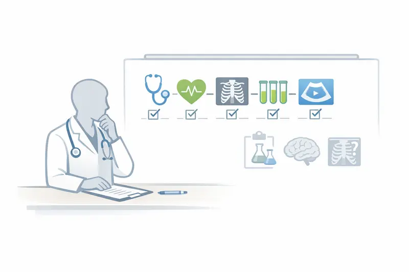 Doctor thoughtfully reviewing a checklist of medical tests, assessing factors to prioritize and select appropriate diagnostic procedures.