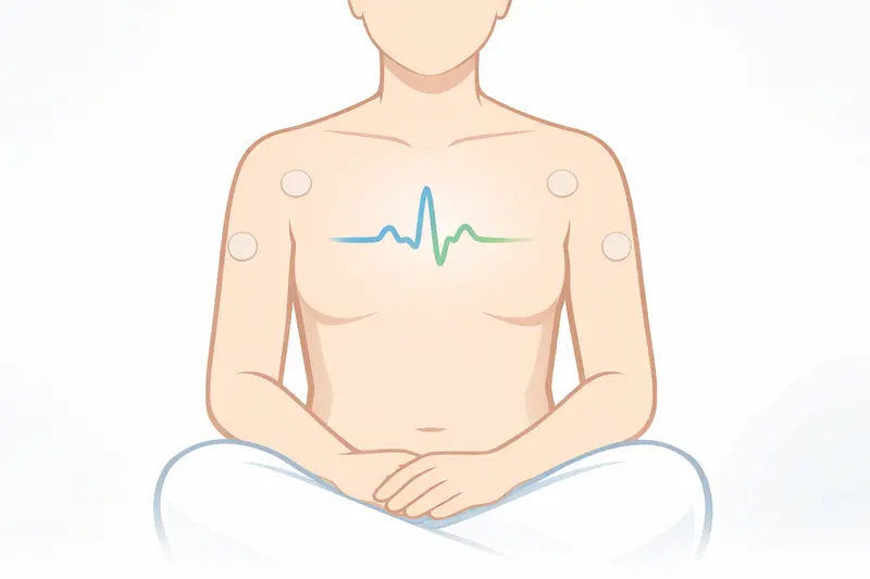 Electrocardiogram graph line above a simplified human torso with highlighted heart area, set on a clean background.