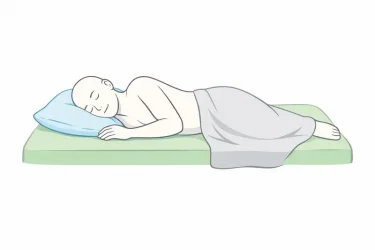 Person lying on a bed with a pillow under their head in a sleep study setting, clean minimal style.
