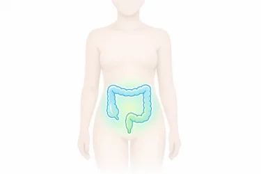 Gender-neutral human figure showing colon highlighted, preparing for a medical examination in a clean, minimalistic style.