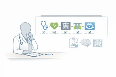 Doctor thoughtfully reviewing a checklist of medical tests, assessing factors to prioritize and select appropriate diagnostic procedures.