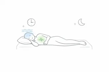 Person lying calmly on a bed with soft sensors attached, surrounded by gentle medical icons representing sleep study monitoring.