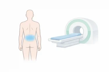 A gender-neutral figure with a highlighted lower back stands in front of a simplified diagram of the spine.