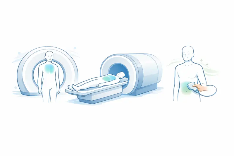 A reassuring medical illustration shows three common imaging machines—CT, MRI, and ultrasound—surrounded by subdued safety icons.