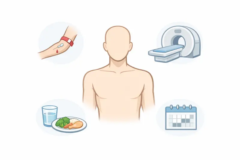 Patient calmly reviews instructions for common medical tests, with subtle highlights on blood test and imaging preparation steps.