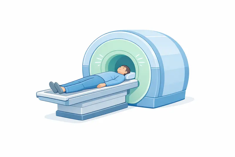 Patient lying on an MRI scanner bed, with a large rounded machine and highlighted scan area, calm medical environment.