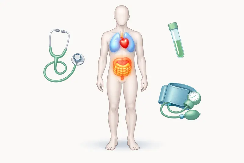 A gender-neutral human figure is shown with subtle highlights on chest, arm, and abdomen, symbolizing routine health screening areas.