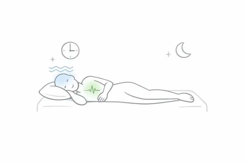 Person lying calmly on a bed with soft sensors attached, surrounded by gentle medical icons representing sleep study monitoring.