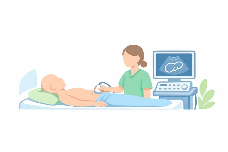 Healthcare professional using an ultrasound probe on a patient's abdomen, with gentle highlighting of the examined area.