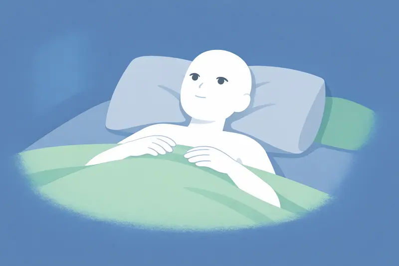 Person lying awake in bed at night with a calm, softly colored bedroom background and subtle sleep-related icons.