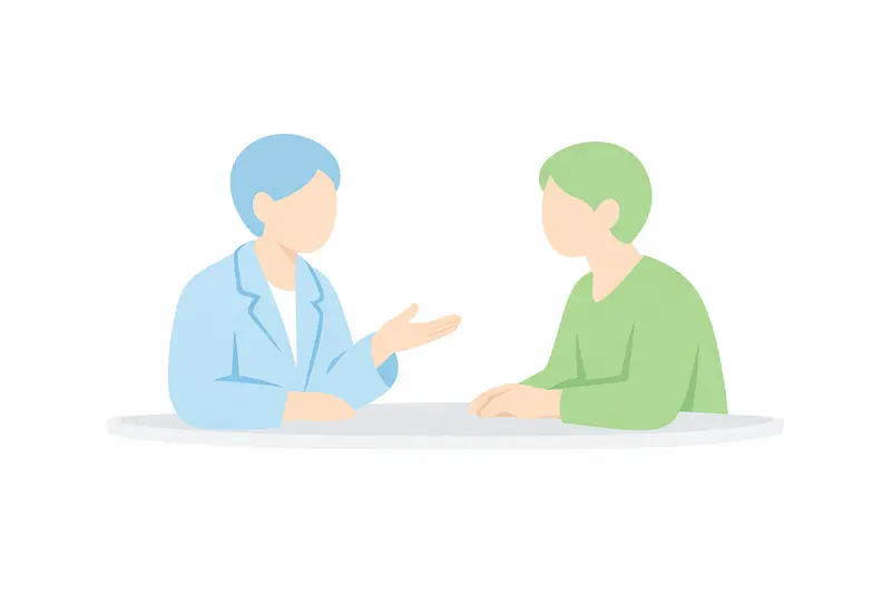 Doctor and patient talking calmly in a clinic setting, conveying reassurance and guidance, minimalistic and light background.