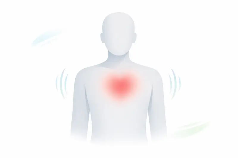 Gender-neutral human torso with a highlighted heart and subtle motion lines indicating a fast heartbeat on a light background