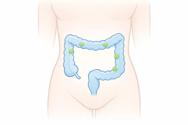 A simplified cross-section of a colon with a few small polyps highlighted along the inner wall.