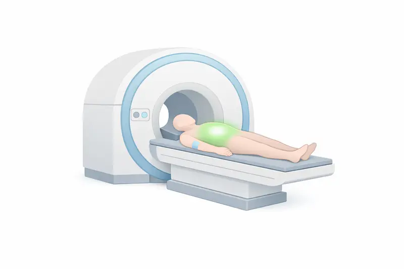 Medical scanner highlighting a body section with a gentle color overlay, indicating the use of MRI contrast dye.