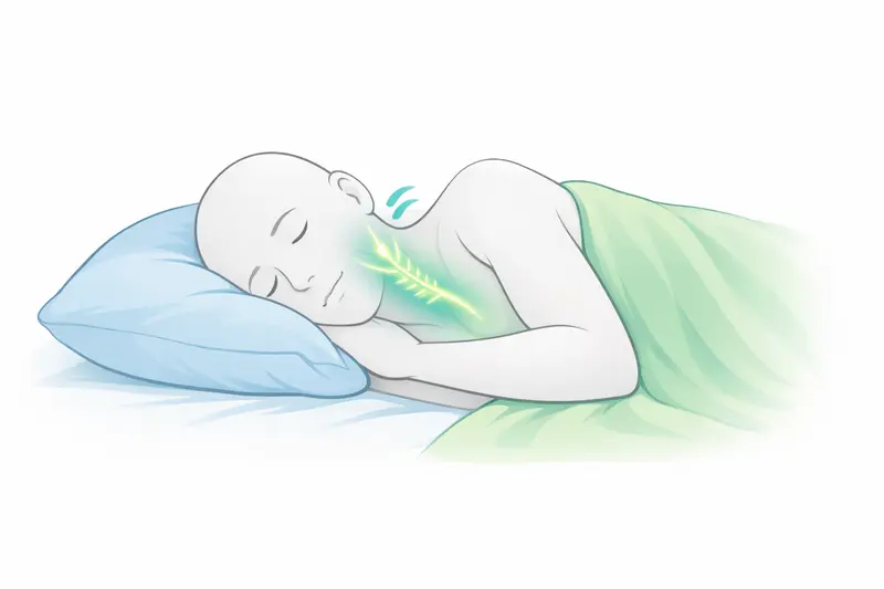 Person sleeping in bed with gentle lines indicating loud snoring, beside subtly highlighted head and neck area.