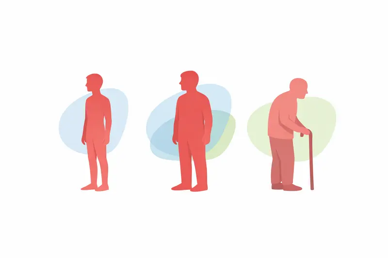 Zwei geschlechtsneutrale menschliche Silhouetten unterschiedlichen Alters stehen nebeneinander, mit einem Kalender und hervorgehobenen Gesundheitssymbolen in der Nähe.