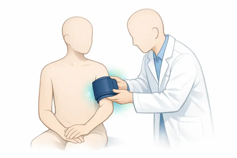 Medizinisches Fachpersonal, das eine Blutdruckmanschette verwendet, um den Blutdruck eines geschlechtsneutralen Patienten in einer ruhigen Umgebung zu messen.