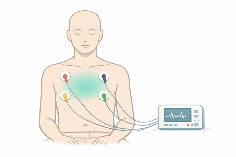 Doctor gently placing EKG electrodes on a gender-neutral patient's chest to monitor heart activity for chest tightness.